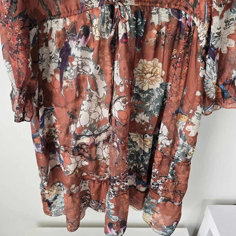 Hemant & Nandita Zeri Tiered Floral Bird Print Peasant Dress 8 Ruffle Sleeves - Picture 3 of 14